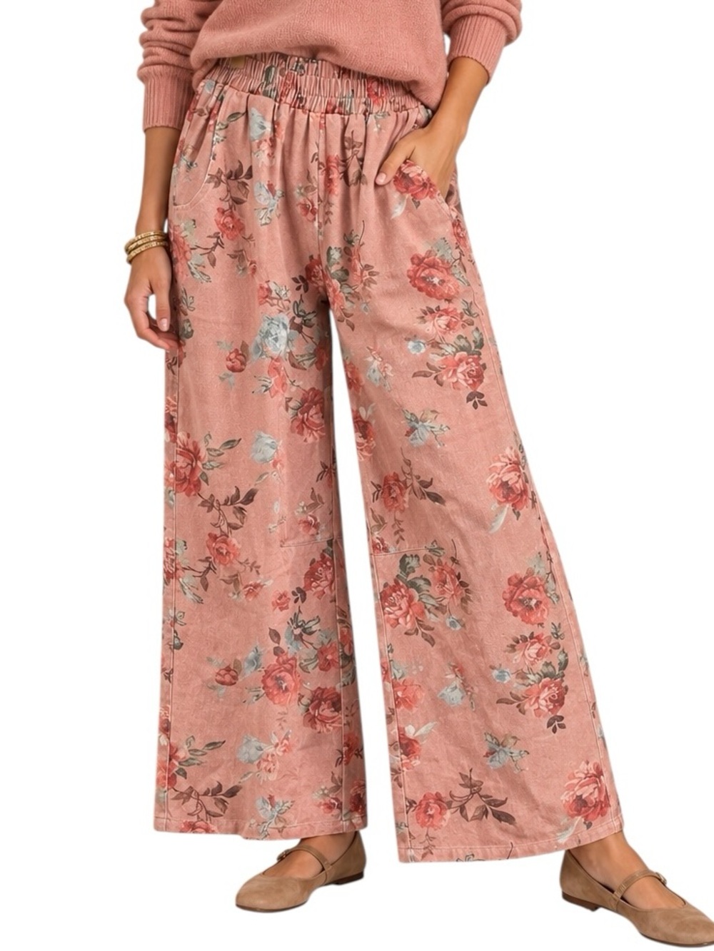 Umgee Peach Floral Barrel Leg Cotton Denim Pant